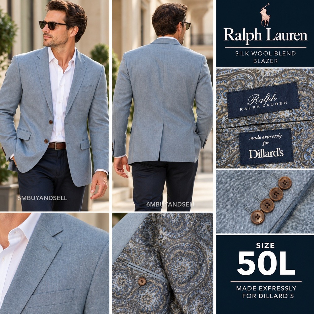 Ralph Lauren Silk Wool Blend Blazer Mens 50L Blue Gray Paisley Lining Sport Coat